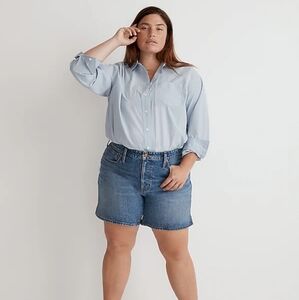 Madewell plus size relaxed mid length denim shorts blue side slit